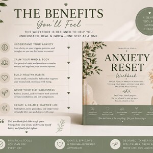 May include: A square workbook titled Anxiety Reset with a cream cover, green bottom panel, and botanical illustrations. The cover features the text Calmfocus Studio, Anxiety Reset Workbook, and descriptive phrases about healing, growth, and self-awareness.