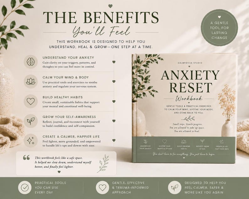 May include: A square workbook titled Anxiety Reset with a cream cover, green bottom panel, and botanical illustrations. The cover features the text Calmfocus Studio, Anxiety Reset Workbook, and descriptive phrases about healing, growth, and self-awareness.
