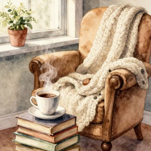 Puede incluir: Una ilustración en acuarela de un sillón marrón cubierto con una manta gruesa de punto trenzado color crema. Junto al sillón hay una pila de cinco libros, coronada por una taza blanca de cerámica con café humeante y una planta.