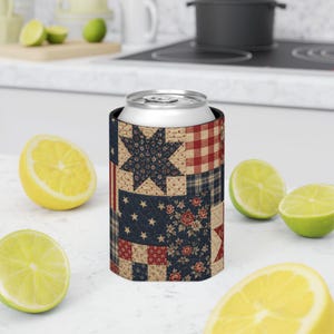 Patriotic Patchwork Quilt Can Cooler | Americana Drink Holder, USA Koozie