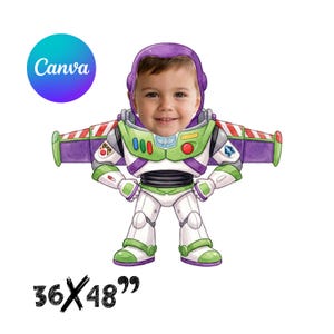 May include: A Buzz Lightyear character cutout featuring a space ranger suit in white, green, and purple with a cutout for a face. The design includes red, blue, and green buttons on the chest and wings. The text 36x48 inches is printed below.
