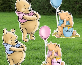 Paquete de recortes grandes clásicos de Winnie the Pooh de pie, azul y rosa, decoración para baby shower, letrero de cumpleaños para jardín, accesorio
