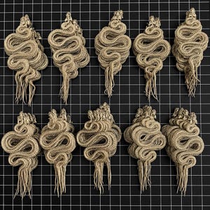 May include: Ten beige, three-dimensional snake skeleton replicas arranged in two rows. Each piece features a coiled body with a detailed skull at the top and multiple thin, dangling tail-like appendages at the bottom, showcasing intricate bone structures.