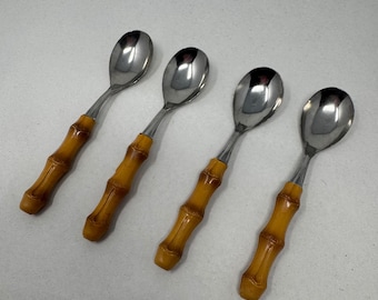 Vintage INOX lepelset van 4 stuks, roestvrij staal met imitatie bamboe handvat, bruin, Italië