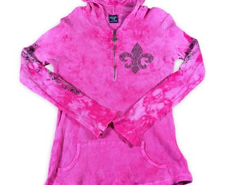 Bluza termiczna damska Vintage Y2K Sledge XL w kolorze różowym z nadrukiem tie-dye i kryształkami Fleur De Lis