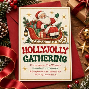 May include: A rectangular Christmas invitation card featuring an illustration of Santa Claus in a red sleigh filled with gifts. The text reads HOLLYJOLLY GATHERING, Christmas at The Wilsons, December 23, 2026, 6 PM, 8 Evergreen Court, Boston, MA, RSVP by December 16.