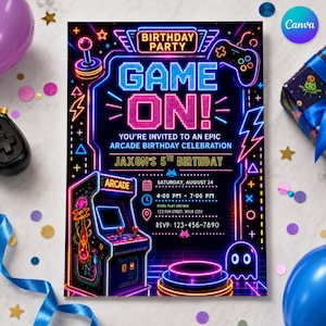 May include: A rectangular birthday party invitation card featuring a neon-style arcade theme with the text GAME ON!, Jaxon's 5th Birthday, and event details. The design includes a joystick, game controller, and arcade cabinet graphic.
