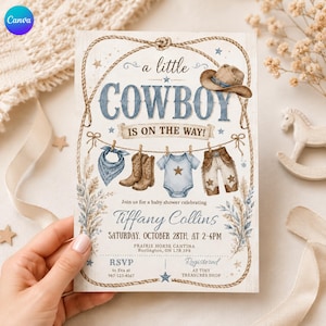May include: A baby shower invitation card featuring a western theme with a rope border, a cowboy hat, and baby clothes hanging on a line. The text reads: a little COWBOY IS ON THE WAY! Join us for a baby shower celebrating Tiffany Collins SATURDAY, OCTOBER 28TH, AT 2-4PM.