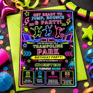 Neon Trampoline Birthday Invitation, Jump Bounce Party Invite, Trampoline Park Kids Birthday, Editable Canva Template 5x7