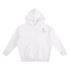 May include: A white long-sleeve hooded sweatshirt featuring a front kangaroo pocket and a black logo on the upper left chest that reads CASSIAN CO. with a stylized double C icon above the text and a horizontal line underneath the brand name.