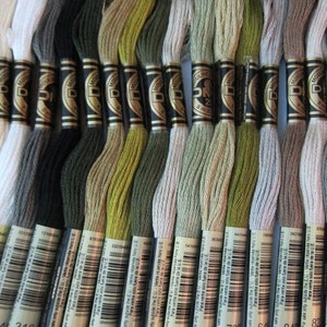 May include: A collection of DMC embroidery floss spools in various shades of white, green, and brown. The spools are labeled with the DMC number and the brand name.