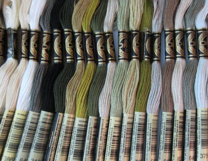 May include: A collection of DMC embroidery floss spools in various shades of white, green, and brown. The spools are labeled with the DMC number and the brand name.