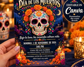 May include: A rectangular invitation card for Dia de los Muertos featuring a central decorated skull, orange marigold flowers, and a dark blue night sky background. Text includes the event date, time, location, and contact details.