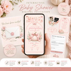 Puede incluir: Una plantilla de invitación digital interactiva para baby shower con una paleta de colores rosa suave e ilustraciones de calabazas y flores. El diseño incluye una pantalla de teléfono inteligente central que muestra un gráfico de calabaza, ropa de bebé en un tendedero y campos de texto editables para detalles del evento, formularios de confirmación y enlaces de registro.