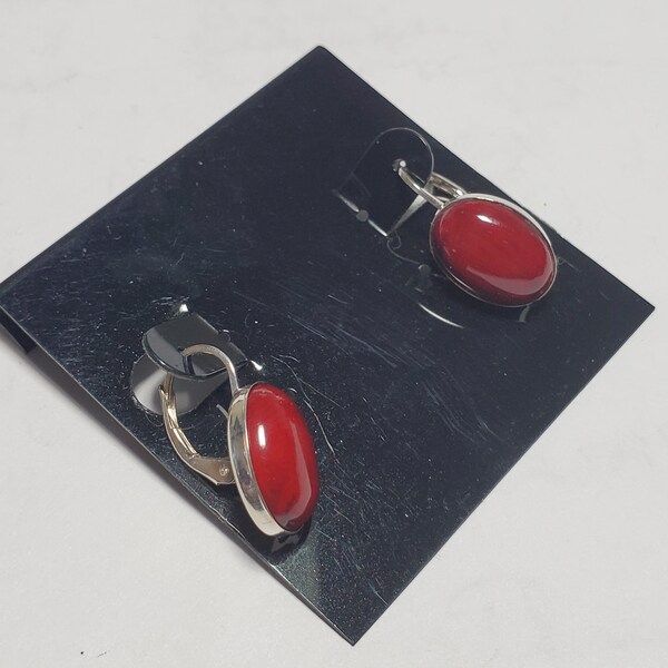 Red coral leverback earrings. Deep red coral earrings. 10x14mm size coral. Sterling silver.