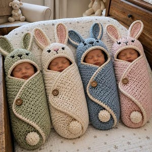 May include: Four infants wrapped in crocheted bunny swaddles in sage green, cream, dusty blue, and soft pink. Each swaddle features long rabbit ears on the hood, a single brown wooden button closure, and a small white pom-pom tail at the bottom.