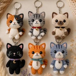 Könnte beinhalten: Sechs gehäkelte Katzen-Schlüsselanhänger in zwei Reihen. Die obere Reihe zeigt eine Glückskatze, eine graue getigerte Katze mit rotem Halsband und eine Siamkatze. Die untere Reihe enthält eine schwarze Katze mit Mondanhänger, eine orangefarbene und eine blaue.