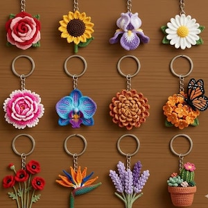 12 Botanical Crochet Keychain Pattern Bundle PDF | Flower Amigurumi Keychain Patterns | Rose Sunflower Daisy Crochet Tutorial