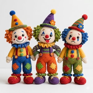 The Merry Trio Clown Crochet Pattern PDF, Amigurumi Circus Dolls, Happy Silly Grumpy Clowns, Toy Crochet Tutorial
