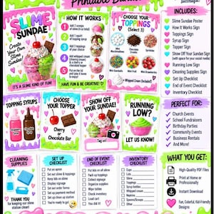 Puede incluir: Un paquete imprimible Slime Cart con gráficos coloridos de copas de slime, pasos instructivos, selecciones de coberturas y listas de verificación. El texto incluye Slime Cart, How It Works, Choose Your Toppings y More Slime. More Smiles.