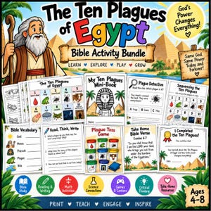 Könnte beinhalten: Ein Bibel-Aktivitätenpaket zu den zehn Plagen Ägyptens mit einem Cartoon-Moses, Pyramiden und verschiedenen Arbeitsblättern. Das Set enthält ein Minibuch, ein Detektivspiel, Sequenzierungsaufgaben, Vokabellisten und ein Abschlusszertifikat.