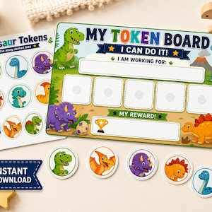 May include: A rectangular token board featuring colorful dinosaur illustrations, the text MY TOKEN BOARD, I CAN DO IT, I AM WORKING FOR, and MY REWARD. Includes a separate sheet of circular dinosaur tokens to cut out along the dashed lines.