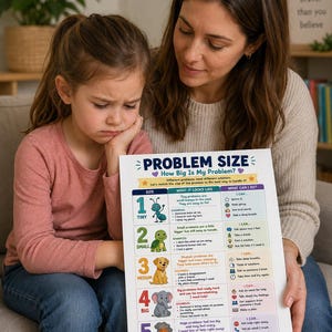 May include: A white educational poster titled Problem Size How Big Is My Problem? featuring a numbered scale from 1 to 5. Each level displays an animal icon, a description of the problem size, examples, and actionable steps to manage emotions.