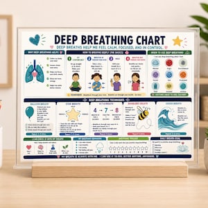 May include: A rectangular acrylic sign titled Deep Breathing Chart with a wooden base. The chart features colorful illustrations, text instructions for breathing techniques like balloon, star, bumblebee, and ocean breath, and a daily breathing tracker.