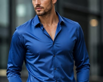Camisa masculina de seda | Camisa de seda macia de luxo com botões | Roupa leve para ocasiões casuais e formais | Elegante camisa masculina de manga comprida