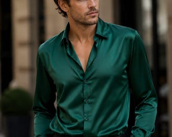 Camisa masculina de seda | Camisa de seda macia de luxo com botões | Roupa leve para ocasiões casuais e formais | Elegante camisa masculina de manga comprida
