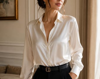 Blusa de seda para mujer / Camisa de seda de lujo con botones / Blusa elegante para la oficina / Blusa minimalista de manga larga / Camisa de seda / Regalo de moda