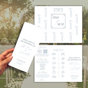 May include: A white wedding stationery set featuring a tall welcome card, a seating chart with "FIND your SEAT" text, and a folded program with a timeline, all printed in dark blue ink with minimalist typography and line art icons.