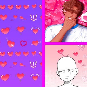 May include: A digital illustration featuring a purple background with a repeating pattern of pink hearts, a character with brown hair wearing a white shirt surrounded by pink hearts, and a blank-faced character with the text MWAH and KISS.