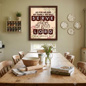 May include: A rectangular wall art print in a dark brown frame featuring a line drawing of a family embracing. The text reads AS FOR ME AND MY FAMILY WE WILL SERVE THE LORD JOSHUA 24:15, with the words SERVE and LORD in dark brown block boxes.