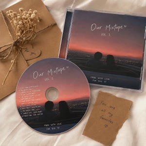 May include: A CD case and disc titled Our Mixtape Vol 1 featuring a sunset city skyline view with two silhouettes. The disc lists twelve songs. Included are a brown paper envelope with dried flowers and a torn note reading You are all my favourites.