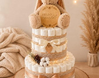 Diaper cake for newborns with a cuddly bunny | Baby gift for girls & boys | Baby shower gift | Neutral diaper cake with wooden sign