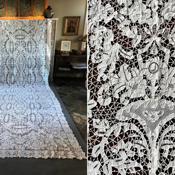 Huge Antique Heirloom Hand-Made Italian Point de Venise Lace Banquet Tablecloth, White, Figural with Fairies, Dancing Maidens 70" x 175"