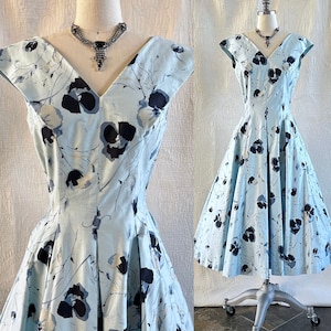 Sweet 1950&#39;s Fit and Flare Dress with Deep V neckline, Abstract Pansy Print with Blues on Light Blue Ground Size XS