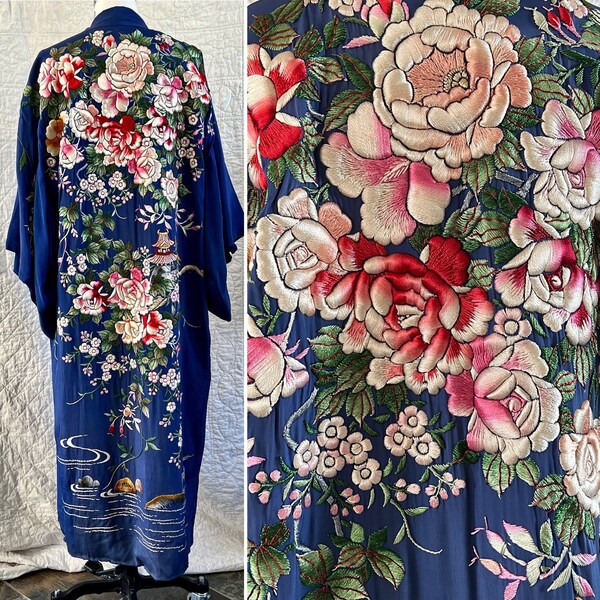 RESERVED for E***1930's Japanese Kimono with Incredible Dimensional Embroidery of Flowers, Pagoda with Sash, Made for Export  Small/Medium