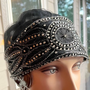 1920's Beaded & Embroidered Black Net Cloche, Flapper Hat, 'Josephine S Smith, Importer, Springfield, Mass' Label. Gatsby, Downton Abbey-22