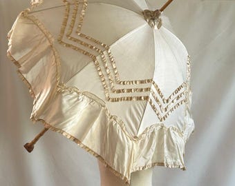 Antique Cream Silk Parasol with Ruffles,  5" Flounce, Knotted Burl Handle, 38" Long