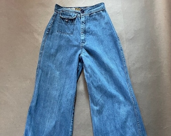 70's High Waist Bell Bottom Flare Jeans, Medium Blue, 'KBV' Label, Marked Size 7/8, with Flap Front Mini-Pocket