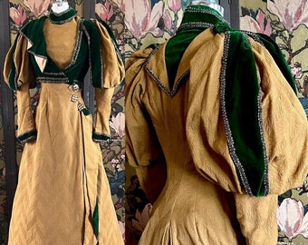 Vict. 1895 Mutton-Sleeve Gown, Tan Wool w/ Beaded Green Velvet Accents, Enameled Buttons "M'lle Emma Maynard" Dressmaker Size XXS