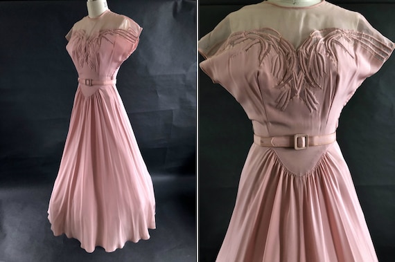 1940's Pink Sweetheart Illusion Neckline Ball Gown