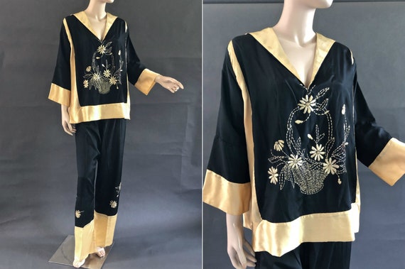 Black Silk 1930's Beach Pajamas with Hand Embroide