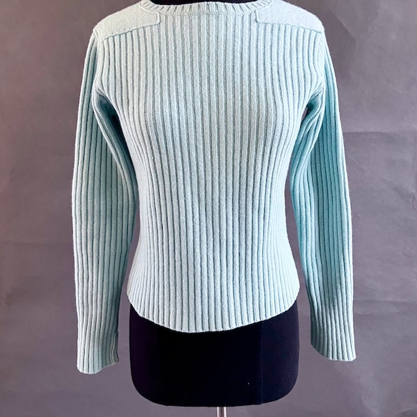 Pale Aqua or Minty Green Vintage Merino Lamb's Wool Rib Knit Sweater with Felted Wool Shoulders Size XS-S