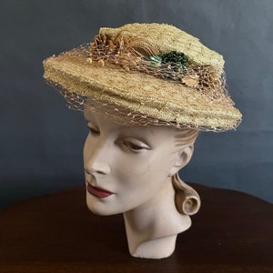 Woven Synthetic Straw Hat, 1930&#39;s,  with Raffia Green and Tan Flowers, Twisted Cord Bows and Netting. &#39;Cameo Hats, Paris New York&#39;Label