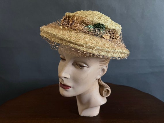 Woven Synthetic Straw Hat, 1930's,  with Raffia G… - image 1