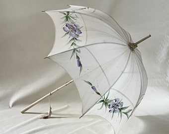 Gorgeous Hand-Painted Cotton Parasol with Long White Painted Wood Handle, Irises - Wedding, Photo Shoot, Sun Parasol