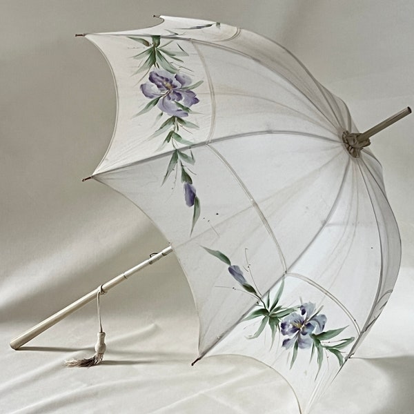 Gorgeous Hand-Painted Cotton Parasol with Long White Painted Wood Handle, Irises - Wedding, Photo Shoot, Sun Parasol